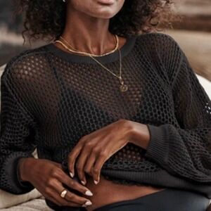SUMMERSALT Fishnet Crew Sweater Women's Size Small Black Open Knit Mesh Coverup